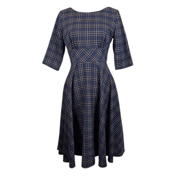 Hell Bunny Peeble 50's Dress Tartan Blue Circle Skirt 3/4 sleeve Size Medium - Picture 2 of 14